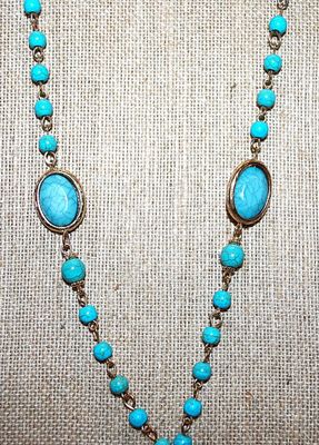 Crackled Blue JADE Style WRAP-AROUND NECKLACE with 3 SWIVEL OVALS Gold Colored DANGLE and Globe Accents on a Gold Chain and Lobster Clasp...