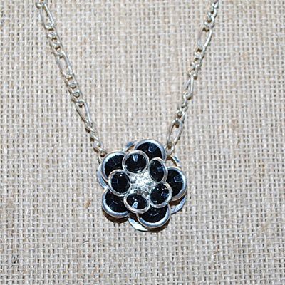 Black Beveled Beaded FLOWER NECKLACE with Silver Tone Edges on a Silver Tone Necklace Chain and Lobster Clasp 17" L