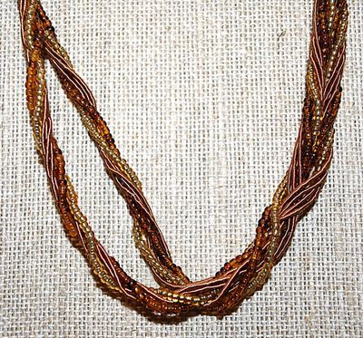 Twisted Amber & Gold Beads NECKLACE with Intertwined "Rope" Accent Strands and Dark Brass Colored Lobster Clasp 18" L