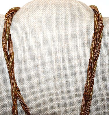 Twisted Amber & Gold Beads NECKLACE with Intertwined "Rope" Accent Strands and Dark Brass Colored Lobster Clasp 18" L