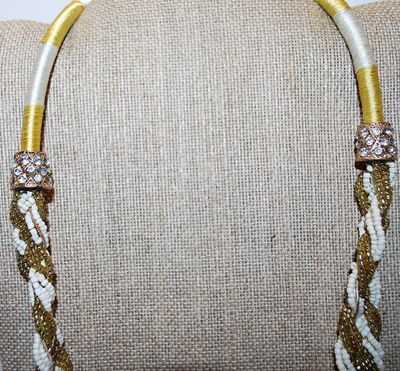 Vintage Heavily Gold & White Beaded and Intertwined NECKLACE - Marked "1946" with Bejeweled Caps and Rope Style Upper &...