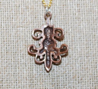 "Fleur-de-Lis" Style Brown PENDANT (1" x ¾") on a Gold Tone Necklace Chain 17" L