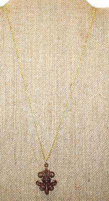 "Fleur-de-Lis" Style Brown PENDANT (1" x ¾") on a Gold Tone Necklace Chain 17" L