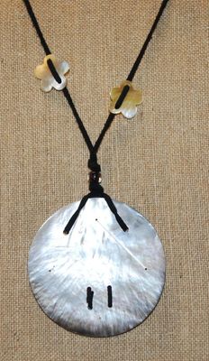 Large Mother-of-Pearl Style Circle (3" Diam.) Necklace with 2 Accents on a Black Rope Chain 20" L