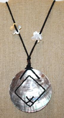 Large Mother-of-Pearl Style Circle (3" Diam.) Necklace with 2 Accents on a Black Rope Chain 20" L
