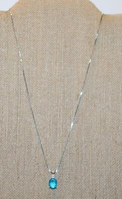 Double Hook Oval Cut Blue Stone PENDANT (¾" x ½") on a Silver Tone Necklace Chain 18" L