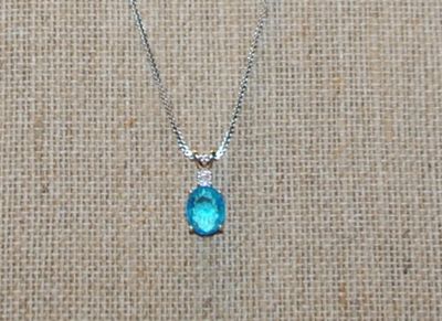 Double Hook Oval Cut Blue Stone PENDANT (¾" x ½") on a Silver Tone Necklace Chain 18" L