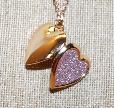 Pink Glitter Heart LOCKET PENDANT (1" x 1") on a Rose Gold necklace Chain 18" L