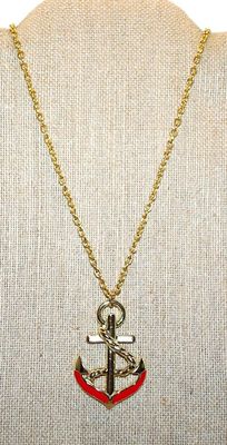 Red & White ANCHOR CROSS PENDANT (2" x 1½") NECKLACE with Gold Tone Chain and Lobster Clasp 34" L