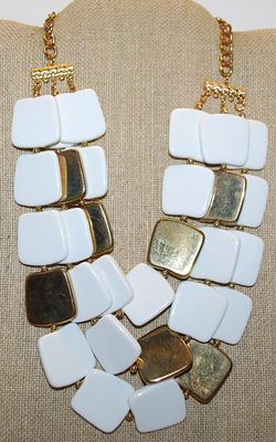 Showy Gold & White Colored TILE NECKLACE with Double Strand Holders on a Gold Tone Chain 18" L