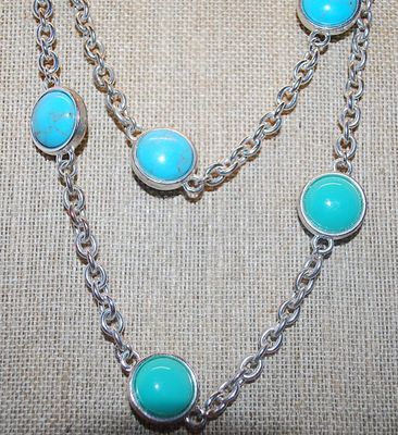 Vintage "TRIFARI" BRAND Faux Turquoise Silver Tone Necklace on a Silver Tone Chain 32" L