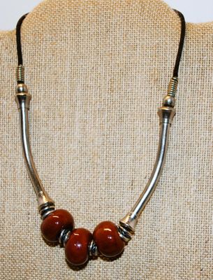 Metal Side-Braced Necklace with Ceramic Brown Spheres Size 13"