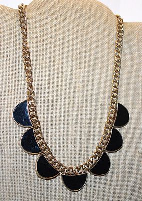 Row of 7 Black & Gold Colored HALF CIRCLES NECKLACE with Solid Link Gold Tone Chain and Lobster Clasp