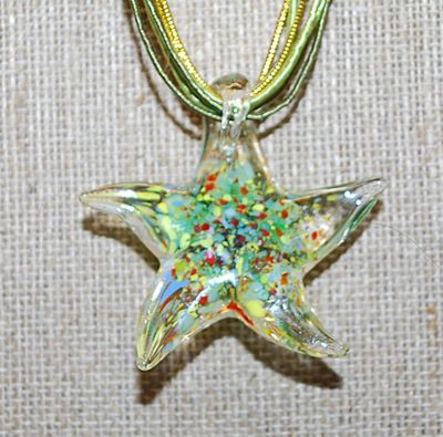 "Starfish" Glass Flowered REVERSIBLE PENDANT/NECKLACE Combo with Lime Green & Gold Cords and Lobster Clasp 16" L