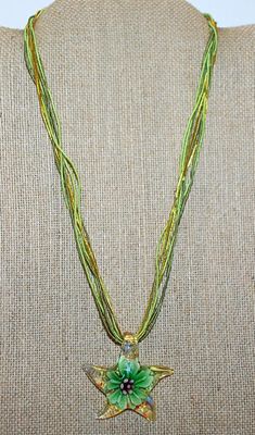 "Starfish" Glass Flowered REVERSIBLE PENDANT/NECKLACE Combo with Lime Green & Gold Cords and Lobster Clasp 16" L