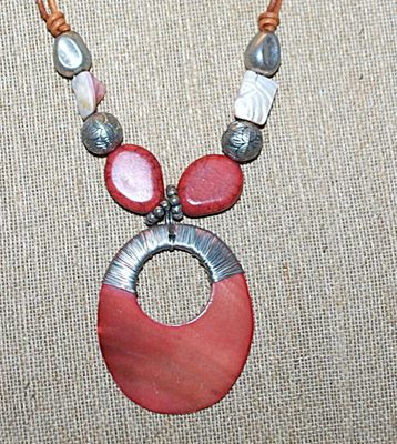 Showy Pink Acrylic Disk, Stones & Beads NECKLACE with Leather Style Cord and Large Lobster Clasp 14" L