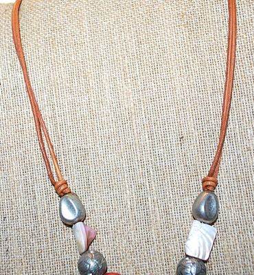 Showy Pink Acrylic Disk, Stones & Beads NECKLACE with Leather Style Cord and Large Lobster Clasp 14" L