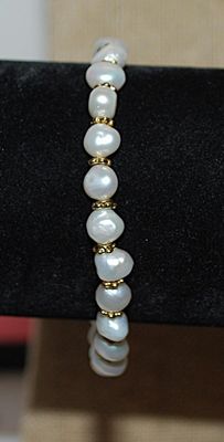 Beautiful White Faux PEARLS BRACELET (2" Opening) with Brushed Gold-Tone HEART, Spacers and Toggle Clasp