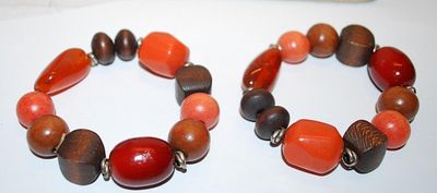 Collection of 2 Orange, Brown, Coral & Amber Elastic BRACELETS (2¼" Opening) with Both Wood / Acrylic Beads and Metal Spacers