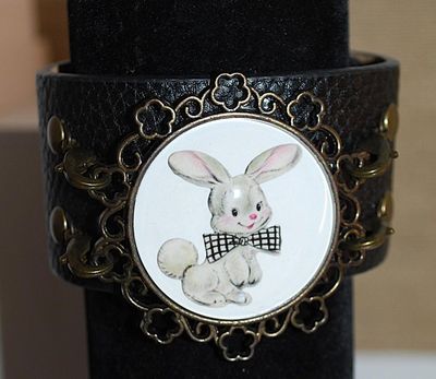Fun "BUNNY" BRACELET (2¼" Opening) in Framed Enamel on a Leather Strap and Button Snap Closure