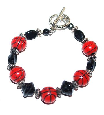 ***NEW SALE PRICE*** BASKETBALL Themed BRACELET (2¼" Opening) with Black & Silver Tone Accent Beads and Toggle Clasp