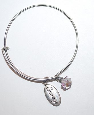 Vintage "COURAGE" BRACELET (2½" Opening) with Silver Tone Oval Charm & Lumpy Acrylic Bead on Curved Hook Closure