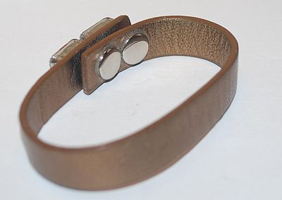 Brass Colored Leather-Like Strap BRACELET (2¼" Opening) with 2 Large Clear Rectangle Stone Accents and Button Snap Closure
