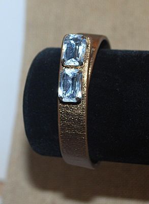 Brass Colored Leather-Like Strap BRACELET (2¼" Opening) with 2 Large Clear Rectangle Stone Accents and Button Snap Closure