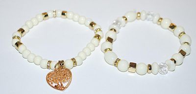 Collection of 2 White Pearl-Style BRACELETS (2" Opening) with "Tree of Life" Heart Dangle and Gold Tone Circles and Square...