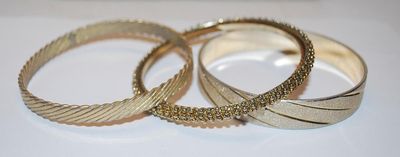 Collection of 3 Gold Tone BRACELETS (-2½"+ Opening) in Striped and Tiny Globes Patterns