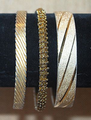 Collection of 3 Gold Tone BRACELETS (-2½"+ Opening) in Striped and Tiny Globes Patterns