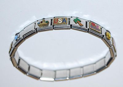 Bejeweled Segmented Elastic BRACELET (2¼" Opening) with Charms-Style Panels of "Mom, Friend, USA, Etc.