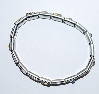 Bejeweled Segmented Elastic BRACELET (2¼" Opening) with Charms-Style Panels of "Mom, Friend, USA, Etc.