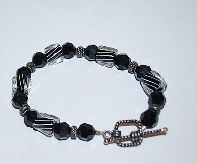 Black Striped Beads RETRO STYLE BRACELET (2¼" Opening) with Silver Tone + Black Prism Bead Accents and Toggle Clasp