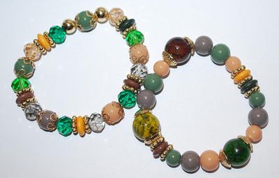 Collection of 2 Elastic BRACELETS (2" Opening) with Assorted Shades of Gray, Pink, Green & Coral Beads with Gold Tone "Bead...
