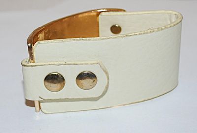 VINTAGE Beige Leather-Style CUFF BRACELET (2" Opening) with Brushed Gold Tone Side and 2 Snaps Closure