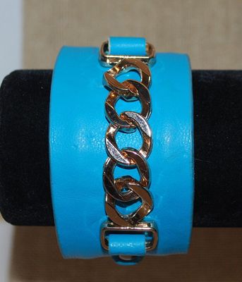 VINTAGE Blue Leather-Style CUFF BRACELET (2¼" Opening) with Silver Tone Chain Links