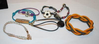 Collection of 7 Assorted BRACELETS (-2½"+ Opening) with Soccer Ball and Orange and Black Twisted Cord