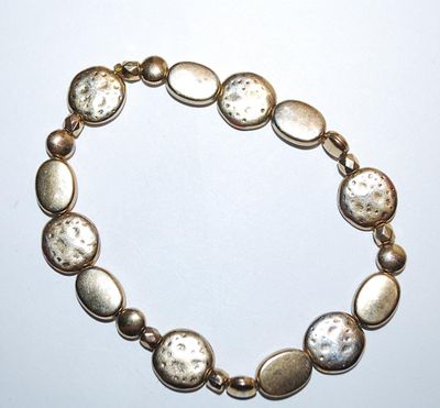 Gold Tone "PITTED OVALS & CIRCLES" ELASTIC BRACELET (2½"+ Opening) with Prism Spacers