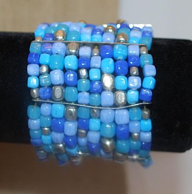 Heavily BLUE BEADED Elastic BRACELET (6"-7" Adj.) with 10 Rows of Assorted Beads & Metal Spacers