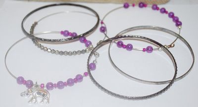 Collection of 6 BANGLE BRACELETS (2¾" Opening) with Lavender + Prism Beads & Elephant Charm Accents
