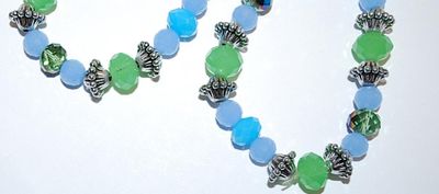 Matching Pair of Blue, Green & Iridescent Beads ELASTIC BRACELETS (2½" to 4" Opening) with Silver Tone Spacers