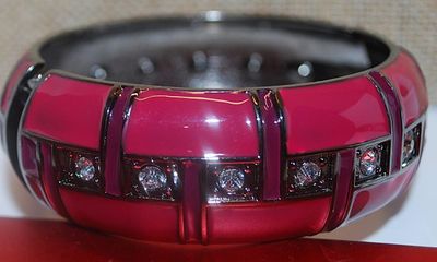 SANGRIA RED CUFF BRACELET (2¼" Opening) with Clear Round Stones Middle Row and Vertical Accent Lines on a Spring-Load Close
