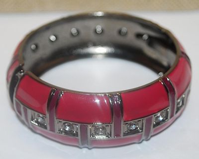 SANGRIA RED CUFF BRACELET (2¼" Opening) with Clear Round Stones Middle Row and Vertical Accent Lines on a Spring-Load Close