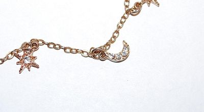 Gold Tone Chain "STARS & MOON" BRACELET (3" Opening) with Bejeweled Stars and Moon and RING and Globes Clasp
