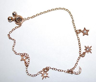 Gold Tone Chain "STARS & MOON" BRACELET (3" Opening) with Bejeweled Stars and Moon and RING and Globes Clasp