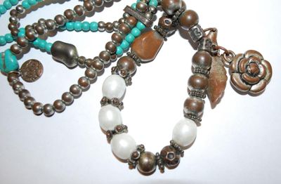 Two Connected BRACELETS (3" Opening) Attached by Oblong Loop and Blue, Brown, Silver Tone & White Beads & Assorted Charms