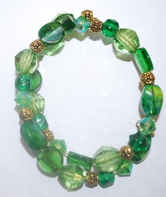 Emerald GREEN Beaded WRAP-AROUND BRACELET (2"+ Opening) with Gold Tone Barrel Spacers