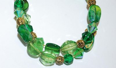 Emerald GREEN Beaded WRAP-AROUND BRACELET (2"+ Opening) with Gold Tone Barrel Spacers