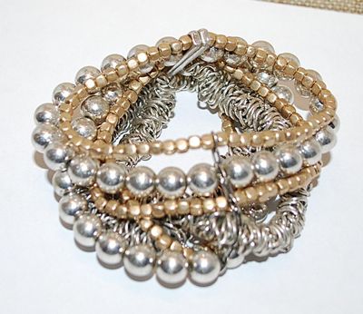 Unique Silver & Gold Tone BRACELET (2¾" Opening) with 7 Rows of Globes, Squares and Clustered Loop Designs & NO Clasp